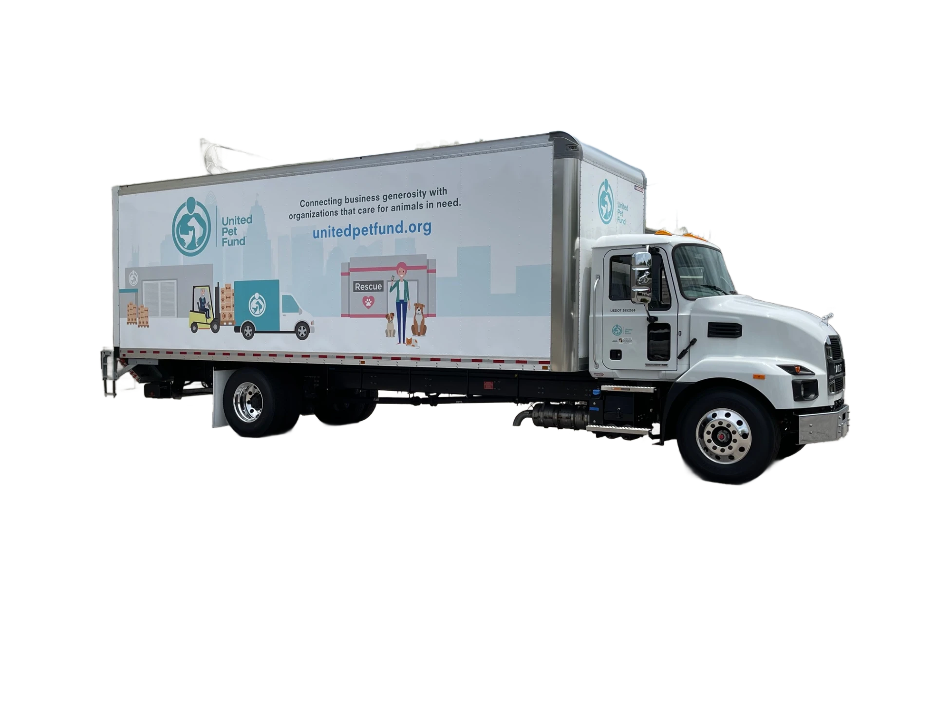 The United Pet Fund Mack MD box truck, branded with the UPF logo and mission statement